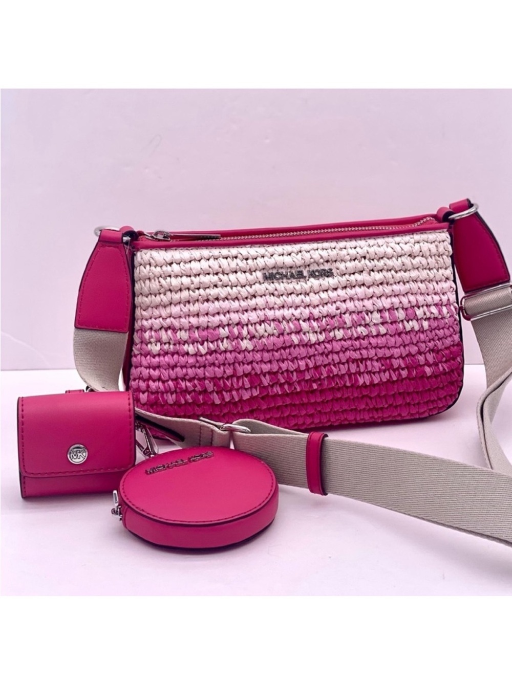 Michael Kors Pink and White Ombre Woven Crossbody with Removable Pouches - Picture 8 of 11